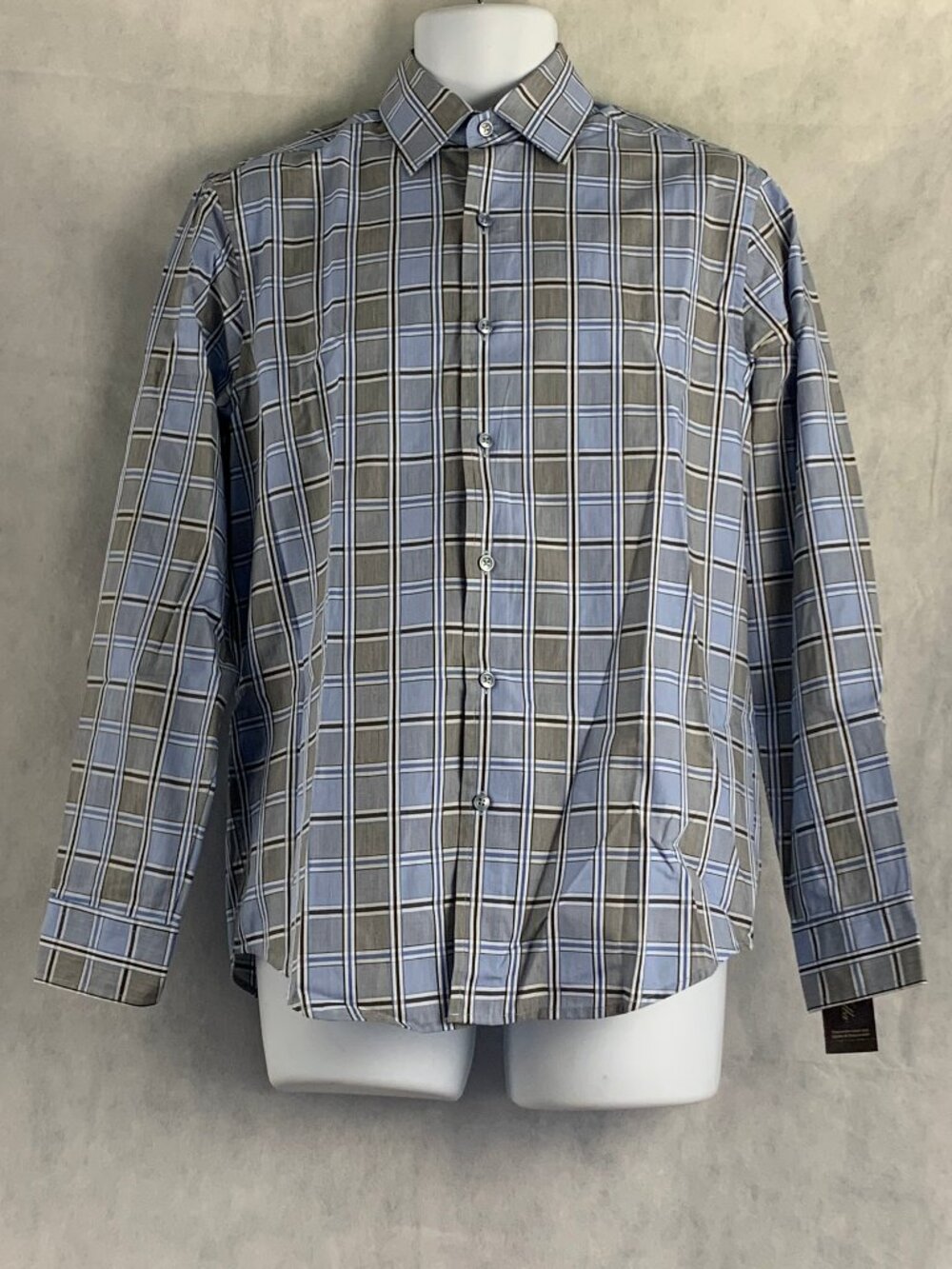Tasso Elba Men's Long Sleeve Cotton Button-Down Shirt, Blue Gray Plaid, Small
